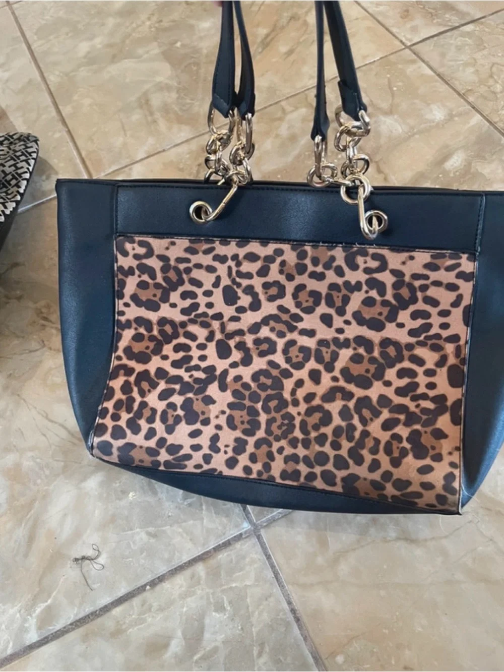 Black Tote Bag with Leopard Print Accent